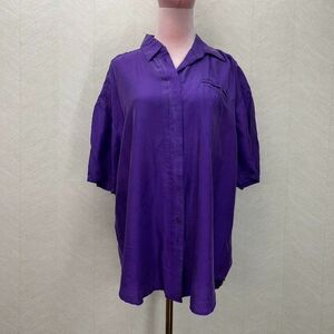 Louise Paris Short Sleeve Elegant Purple Silk Button Up Shirt Womens Size M